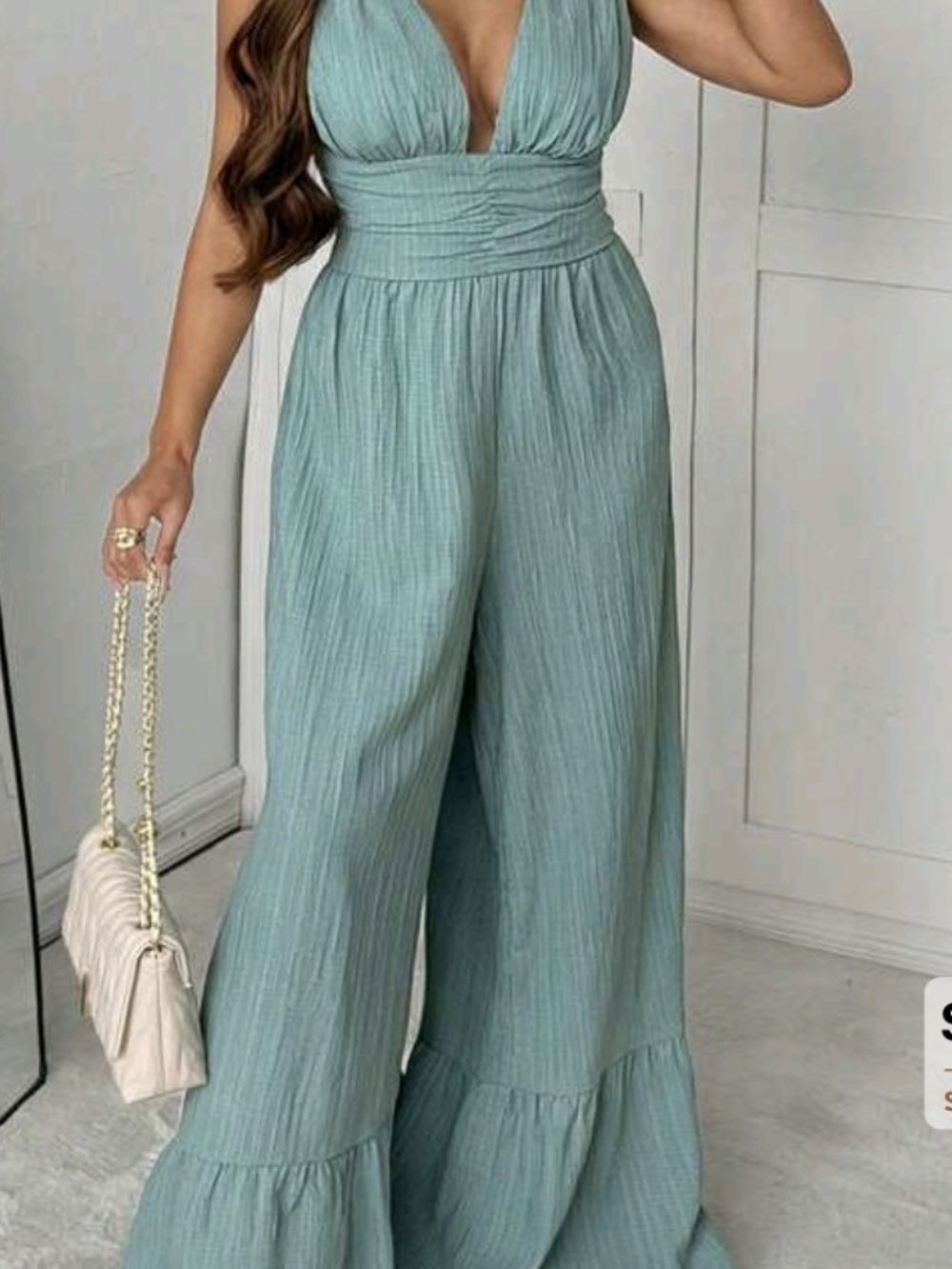 Source Unknown Seafoam Green Deep V-Waist Wide-Leg Jumpsuit